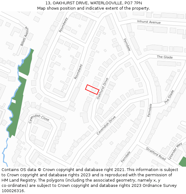 13, OAKHURST DRIVE, WATERLOOVILLE, PO7 7PN: Location map and indicative extent of plot