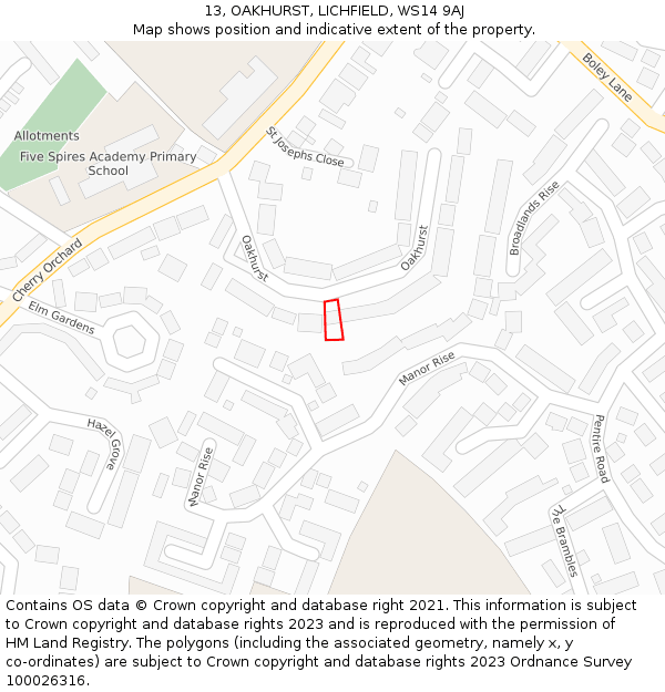 13, OAKHURST, LICHFIELD, WS14 9AJ: Location map and indicative extent of plot