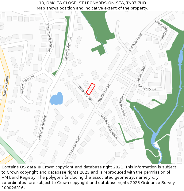13, OAKLEA CLOSE, ST LEONARDS-ON-SEA, TN37 7HB: Location map and indicative extent of plot