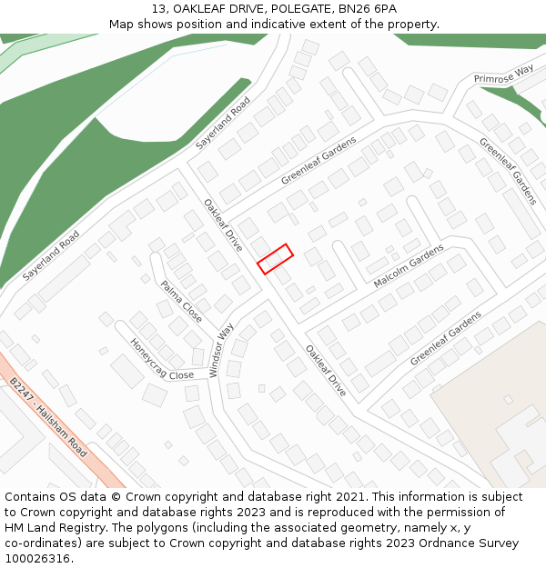13, OAKLEAF DRIVE, POLEGATE, BN26 6PA: Location map and indicative extent of plot
