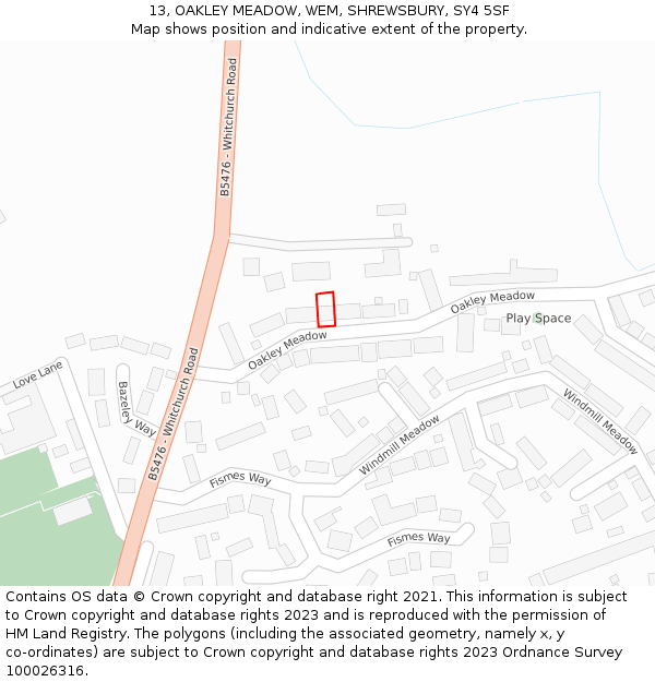 13, OAKLEY MEADOW, WEM, SHREWSBURY, SY4 5SF: Location map and indicative extent of plot