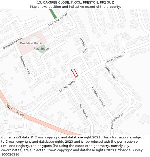 13, OAKTREE CLOSE, INGOL, PRESTON, PR2 3UZ: Location map and indicative extent of plot