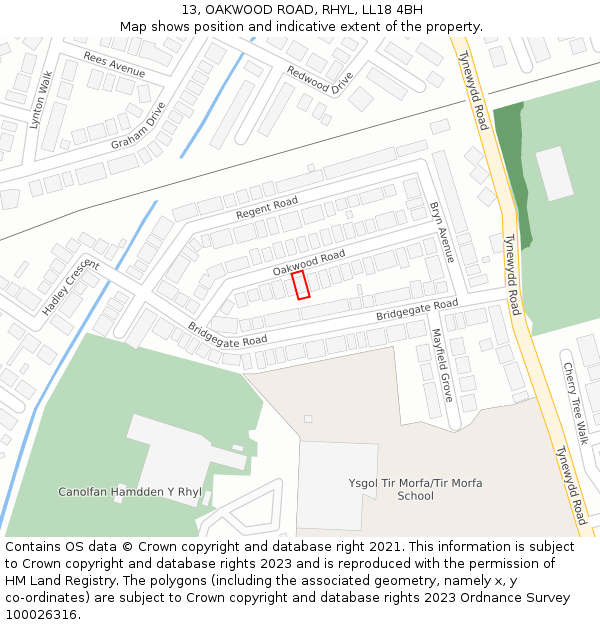 13, OAKWOOD ROAD, RHYL, LL18 4BH: Location map and indicative extent of plot