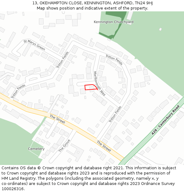 13, OKEHAMPTON CLOSE, KENNINGTON, ASHFORD, TN24 9HJ: Location map and indicative extent of plot