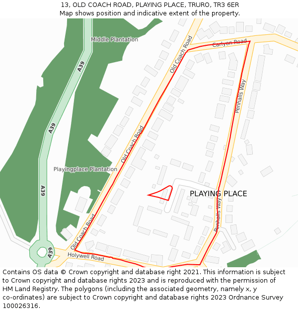 13, OLD COACH ROAD, PLAYING PLACE, TRURO, TR3 6ER: Location map and indicative extent of plot