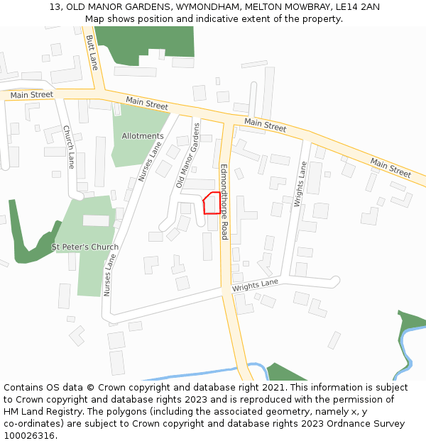 13, OLD MANOR GARDENS, WYMONDHAM, MELTON MOWBRAY, LE14 2AN: Location map and indicative extent of plot