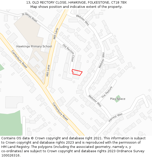 13, OLD RECTORY CLOSE, HAWKINGE, FOLKESTONE, CT18 7BX: Location map and indicative extent of plot