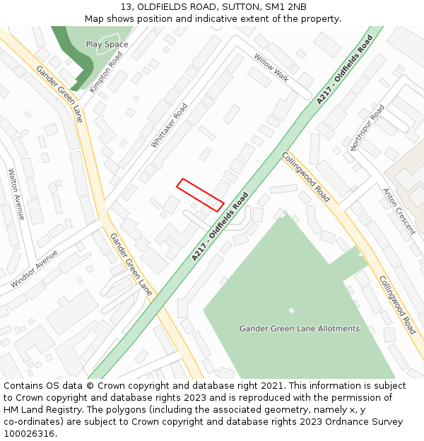 13, OLDFIELDS ROAD, SUTTON, SM1 2NB: Location map and indicative extent of plot