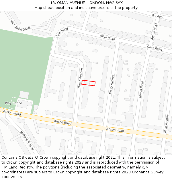 13, OMAN AVENUE, LONDON, NW2 6AX: Location map and indicative extent of plot