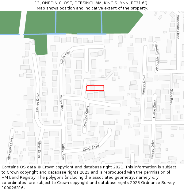 13, ONEDIN CLOSE, DERSINGHAM, KING'S LYNN, PE31 6QH: Location map and indicative extent of plot