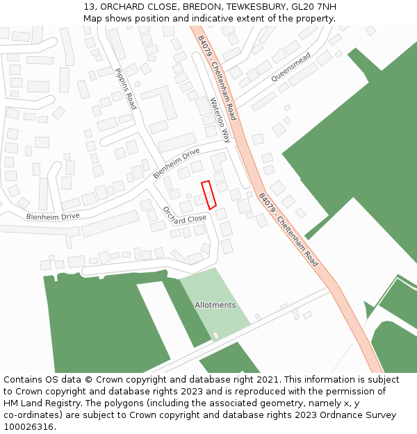 13, ORCHARD CLOSE, BREDON, TEWKESBURY, GL20 7NH: Location map and indicative extent of plot