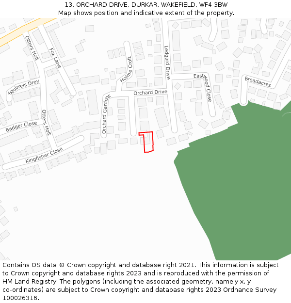 13, ORCHARD DRIVE, DURKAR, WAKEFIELD, WF4 3BW: Location map and indicative extent of plot