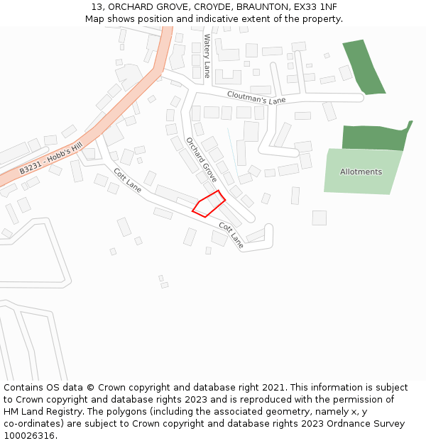 13, ORCHARD GROVE, CROYDE, BRAUNTON, EX33 1NF: Location map and indicative extent of plot