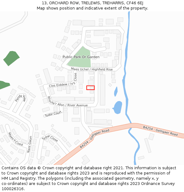 13, ORCHARD ROW, TRELEWIS, TREHARRIS, CF46 6EJ: Location map and indicative extent of plot