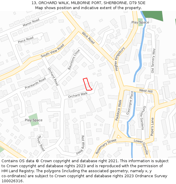 13, ORCHARD WALK, MILBORNE PORT, SHERBORNE, DT9 5DE: Location map and indicative extent of plot