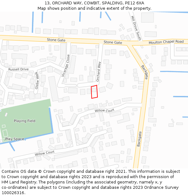 13, ORCHARD WAY, COWBIT, SPALDING, PE12 6XA: Location map and indicative extent of plot
