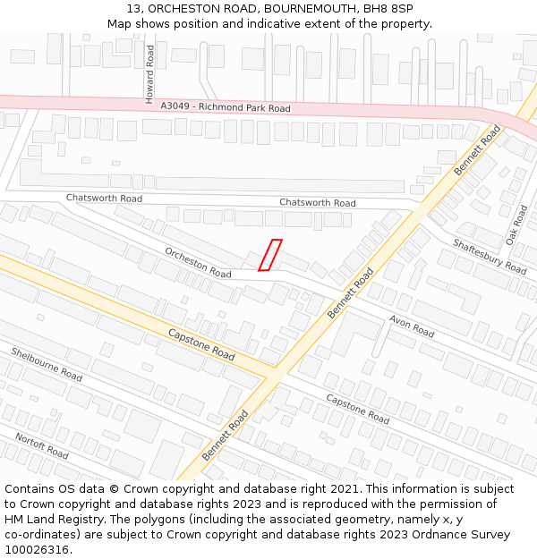 13, ORCHESTON ROAD, BOURNEMOUTH, BH8 8SP: Location map and indicative extent of plot