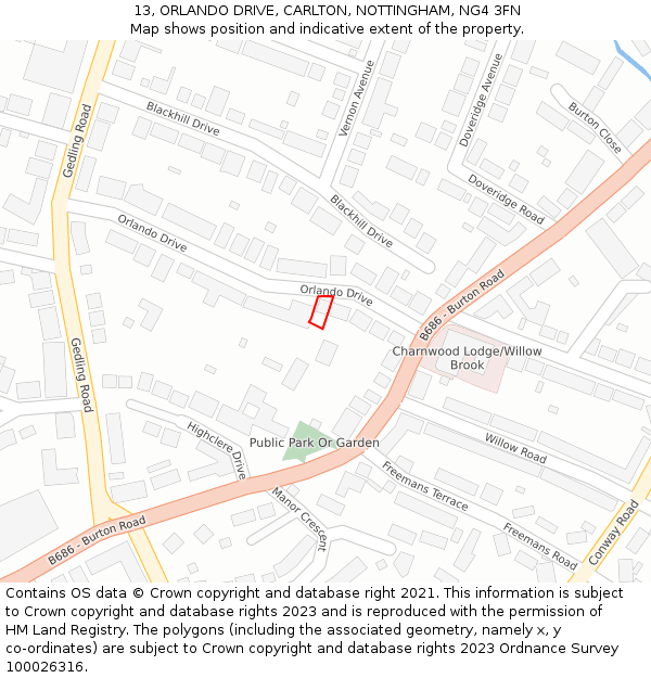 13, ORLANDO DRIVE, CARLTON, NOTTINGHAM, NG4 3FN: Location map and indicative extent of plot
