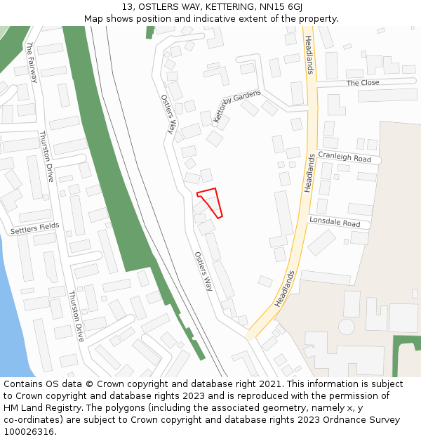 13, OSTLERS WAY, KETTERING, NN15 6GJ: Location map and indicative extent of plot