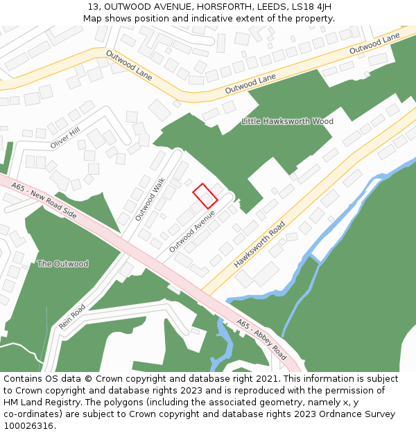 13, OUTWOOD AVENUE, HORSFORTH, LEEDS, LS18 4JH: Location map and indicative extent of plot