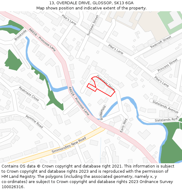 13, OVERDALE DRIVE, GLOSSOP, SK13 6GA: Location map and indicative extent of plot