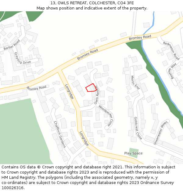 13, OWLS RETREAT, COLCHESTER, CO4 3FE: Location map and indicative extent of plot