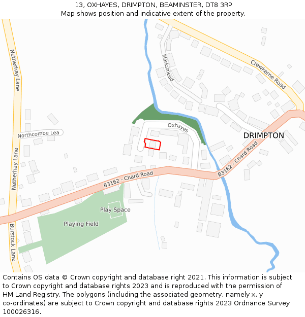 13, OXHAYES, DRIMPTON, BEAMINSTER, DT8 3RP: Location map and indicative extent of plot