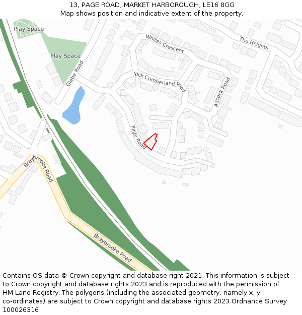 13, PAGE ROAD, MARKET HARBOROUGH, LE16 8GG: Location map and indicative extent of plot