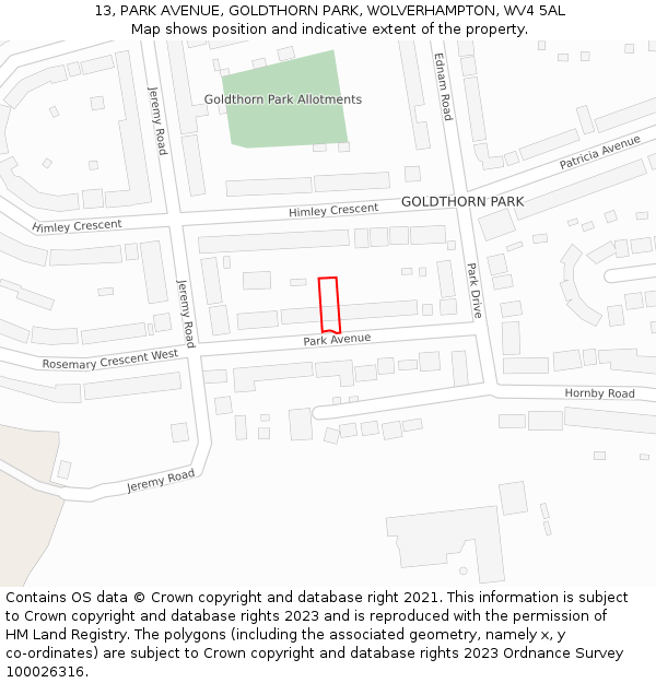 13, PARK AVENUE, GOLDTHORN PARK, WOLVERHAMPTON, WV4 5AL: Location map and indicative extent of plot