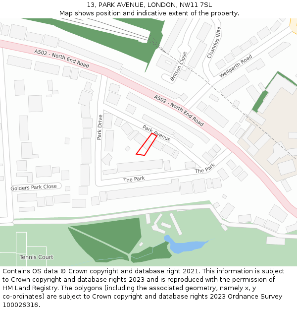 13, PARK AVENUE, LONDON, NW11 7SL: Location map and indicative extent of plot