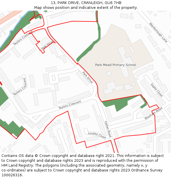 13, PARK DRIVE, CRANLEIGH, GU6 7HB: Location map and indicative extent of plot