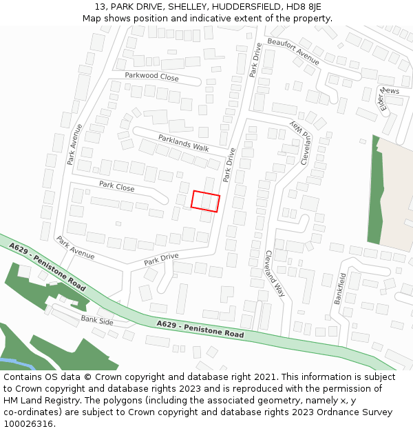 13, PARK DRIVE, SHELLEY, HUDDERSFIELD, HD8 8JE: Location map and indicative extent of plot