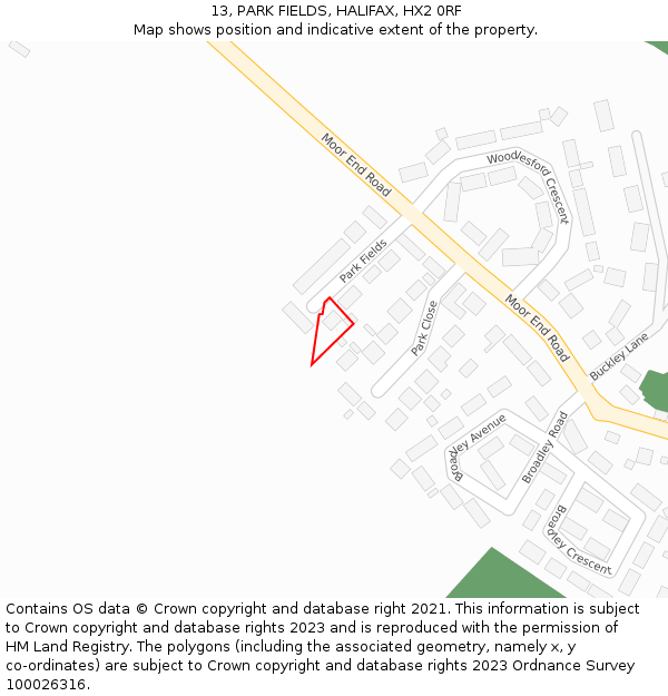 13, PARK FIELDS, HALIFAX, HX2 0RF: Location map and indicative extent of plot