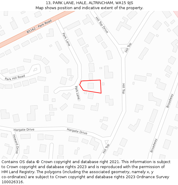 13, PARK LANE, HALE, ALTRINCHAM, WA15 9JS: Location map and indicative extent of plot