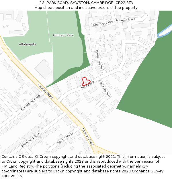 13, PARK ROAD, SAWSTON, CAMBRIDGE, CB22 3TA: Location map and indicative extent of plot