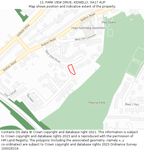 13, PARK VIEW DRIVE, KIDWELLY, SA17 4UP: Location map and indicative extent of plot