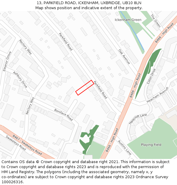 13, PARKFIELD ROAD, ICKENHAM, UXBRIDGE, UB10 8LN: Location map and indicative extent of plot