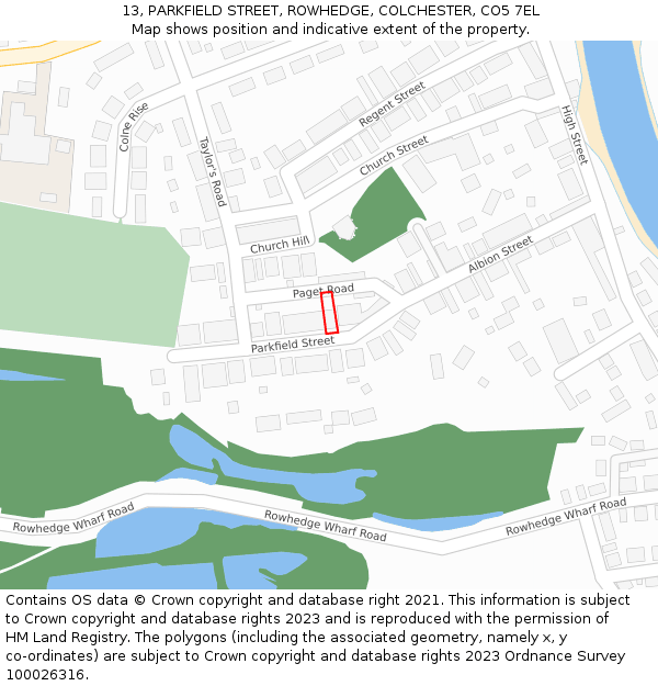 13, PARKFIELD STREET, ROWHEDGE, COLCHESTER, CO5 7EL: Location map and indicative extent of plot