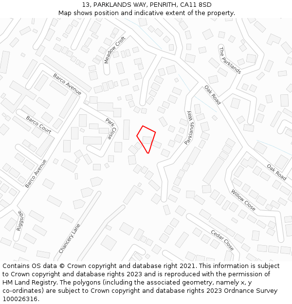 13, PARKLANDS WAY, PENRITH, CA11 8SD: Location map and indicative extent of plot