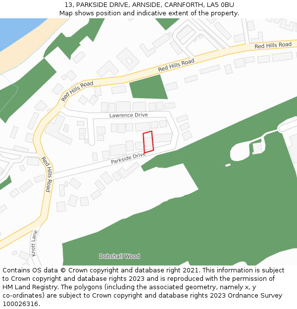 13, PARKSIDE DRIVE, ARNSIDE, CARNFORTH, LA5 0BU: Location map and indicative extent of plot