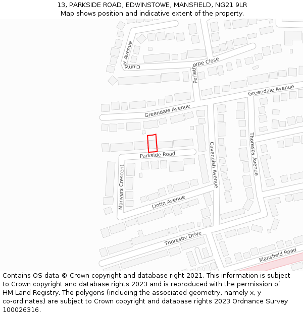 13, PARKSIDE ROAD, EDWINSTOWE, MANSFIELD, NG21 9LR: Location map and indicative extent of plot