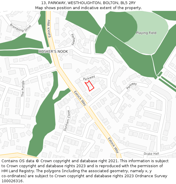 13, PARKWAY, WESTHOUGHTON, BOLTON, BL5 2RY: Location map and indicative extent of plot