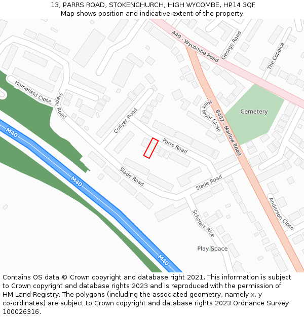 13, PARRS ROAD, STOKENCHURCH, HIGH WYCOMBE, HP14 3QF: Location map and indicative extent of plot