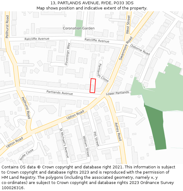 13, PARTLANDS AVENUE, RYDE, PO33 3DS: Location map and indicative extent of plot