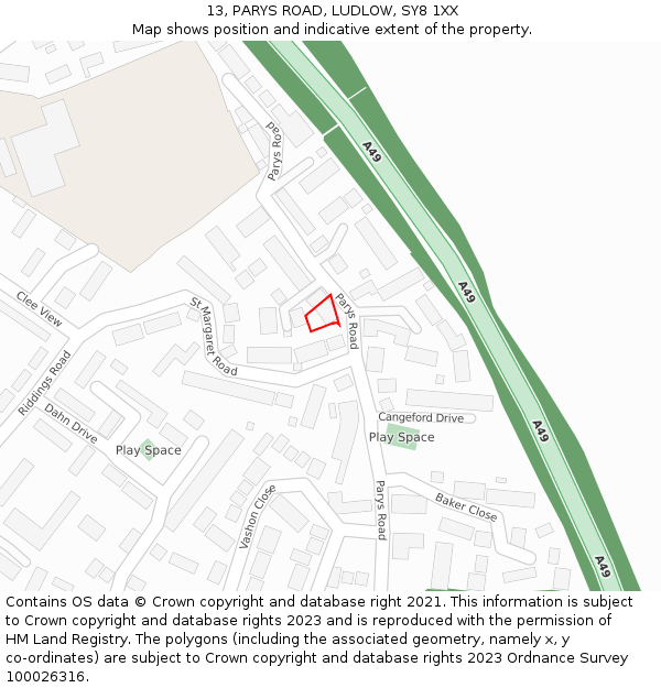 13, PARYS ROAD, LUDLOW, SY8 1XX: Location map and indicative extent of plot