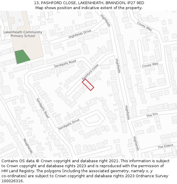 13, PASHFORD CLOSE, LAKENHEATH, BRANDON, IP27 9ED: Location map and indicative extent of plot