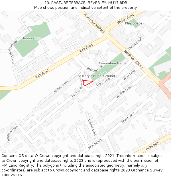 13, PASTURE TERRACE, BEVERLEY, HU17 8DR: Location map and indicative extent of plot