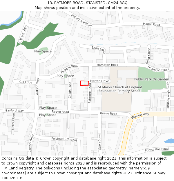 13, PATMORE ROAD, STANSTED, CM24 8GQ: Location map and indicative extent of plot