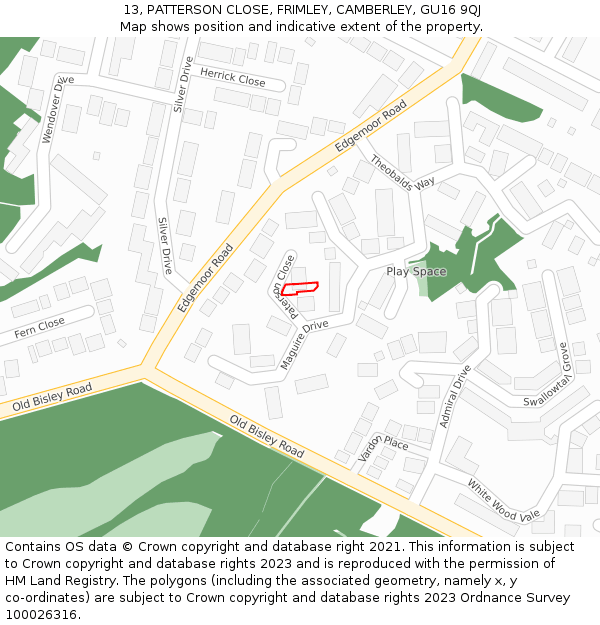 13, PATTERSON CLOSE, FRIMLEY, CAMBERLEY, GU16 9QJ: Location map and indicative extent of plot
