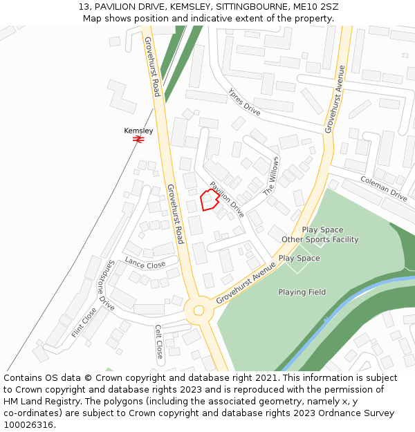 13, PAVILION DRIVE, KEMSLEY, SITTINGBOURNE, ME10 2SZ: Location map and indicative extent of plot